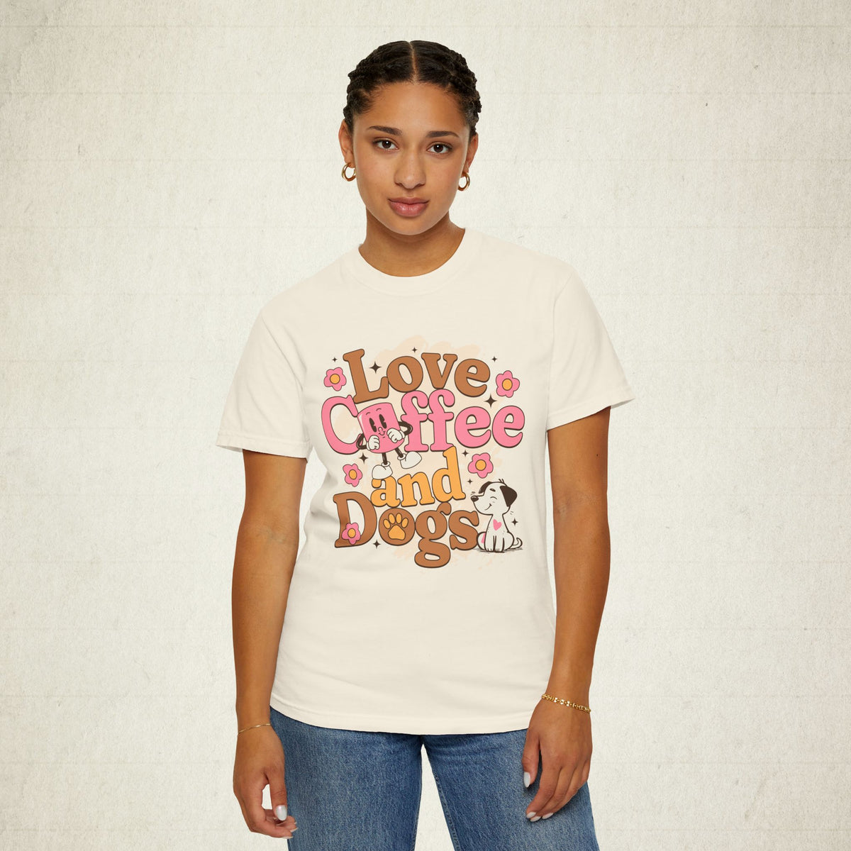 Love Coffee and Dogs Tee featuring a Love Coffee and Dogs design, graphic tee