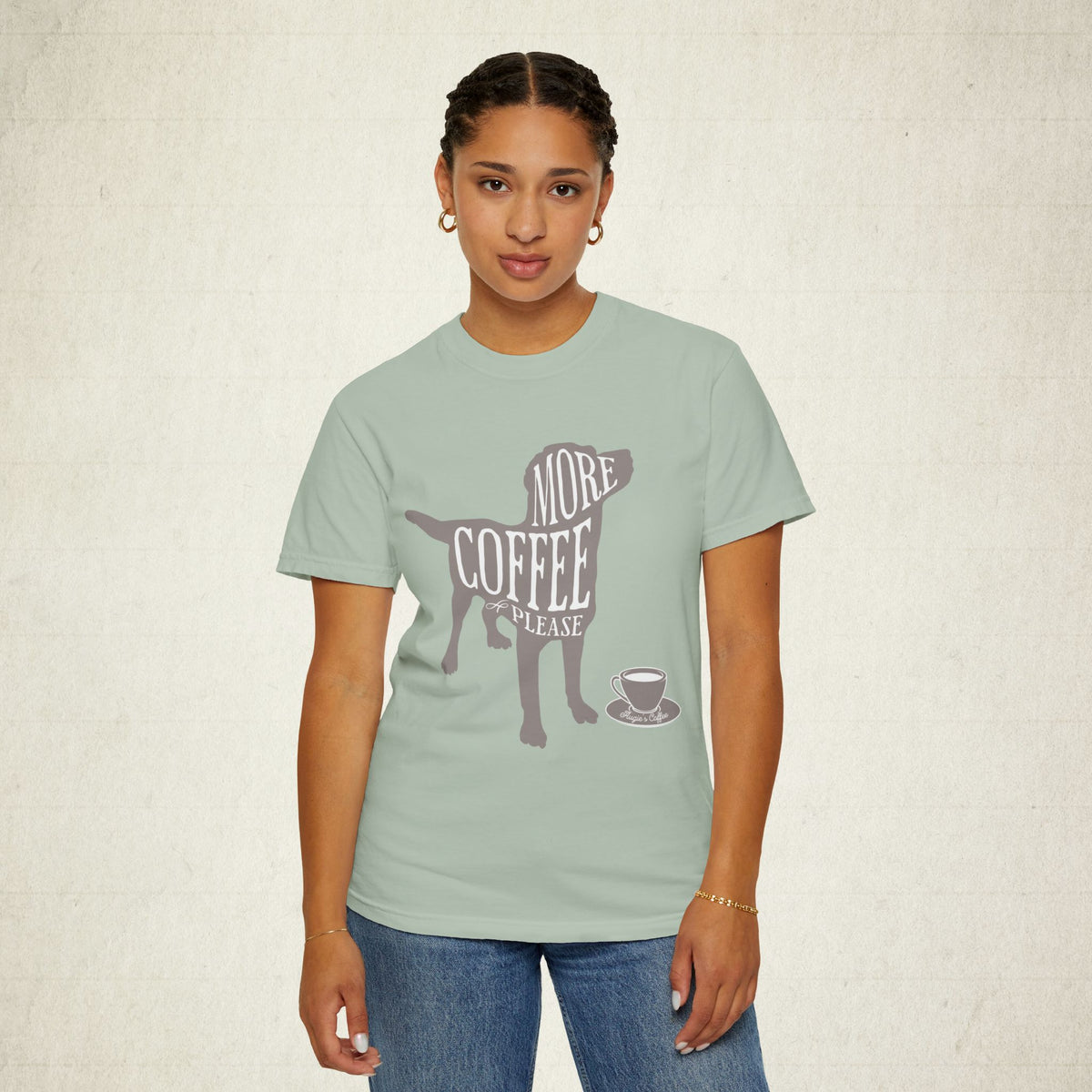 More Coffee Please Dog Lover Tee featuring a More Coffee Please design, graphic tee