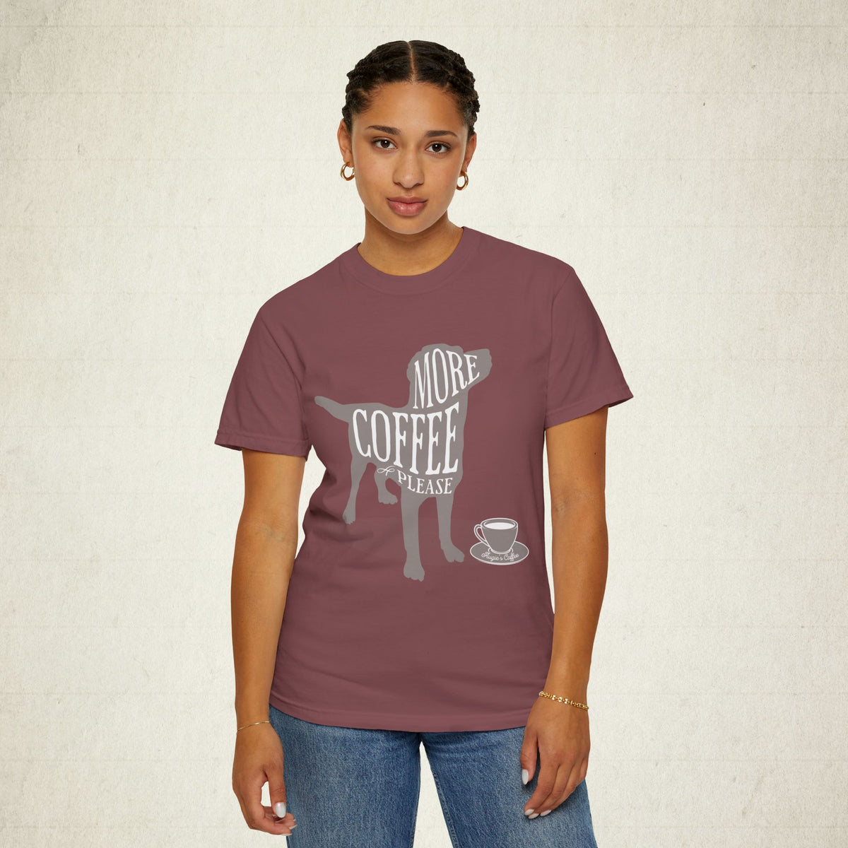 More Coffee Please Dog Lover Tee featuring a More Coffee Please design, graphic tee